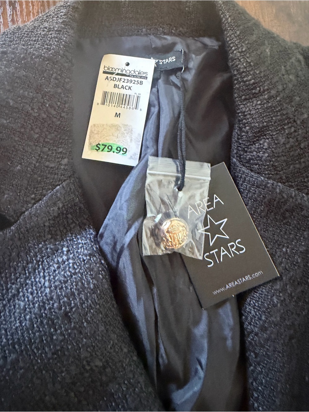 Bloomingdale's Area Stars Black Tweed Double-Breasted Blazer with Gold Buttons - Picture 11 of 12